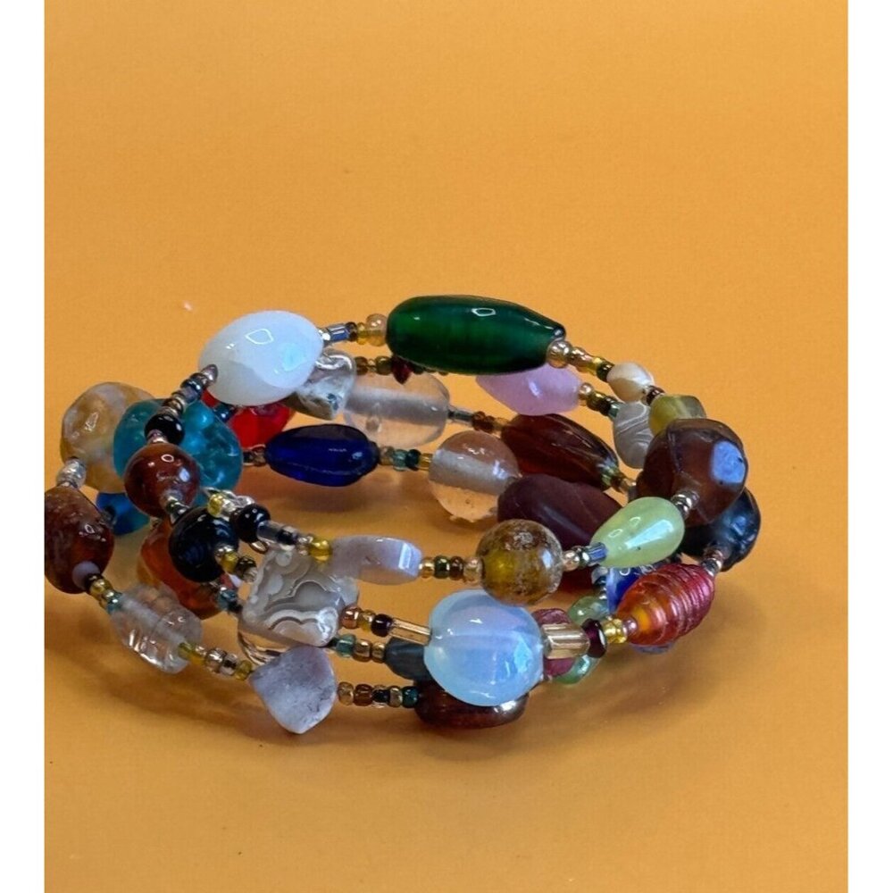 Vintage Art Glass & Gemstone Multi-Color Wrap Bracelet Boho Style - Picture 4 of 10